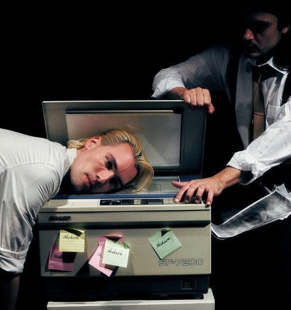 Man Putting His Head On A Copier on NYC's Middle Part's Album Cover; Karl Business Machine copier prop.