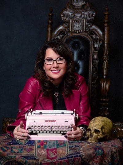 Sherrilyn Kenyon with Pink Typewriter Refurbished by Karl Business Machines