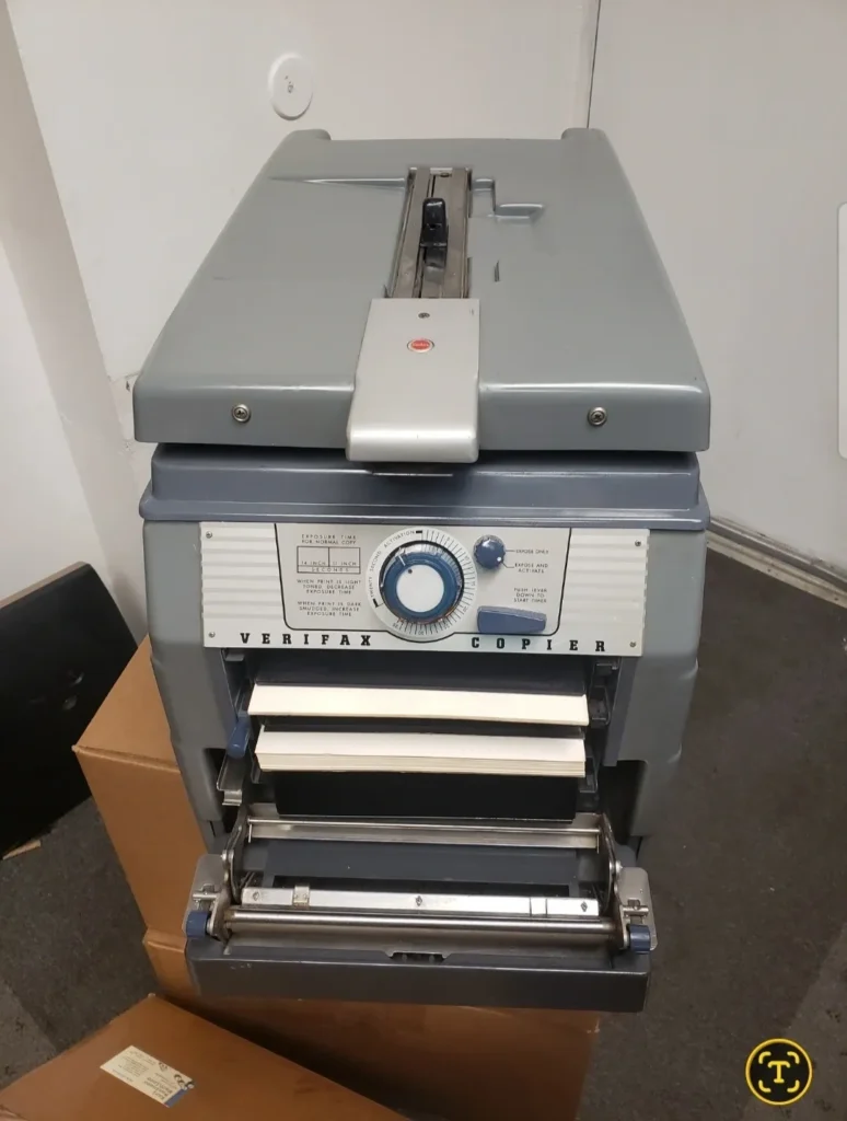 Vintage Verifax copier with paper trays.